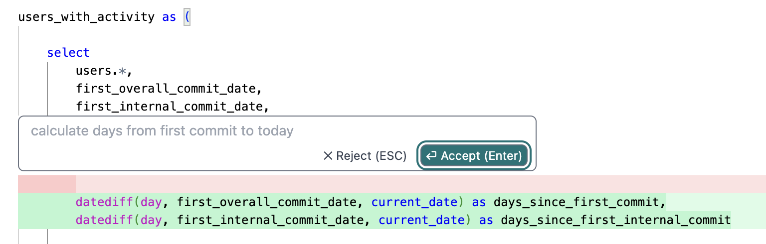 dbt Copilot's prompt window accessible by keyboard shortcut Cmd+B (Mac) or Ctrl+B (Windows) dbt Copilot's prompt window accessible by keyboard shortcut Cmd+B (Mac) or Ctrl+B (Windows)